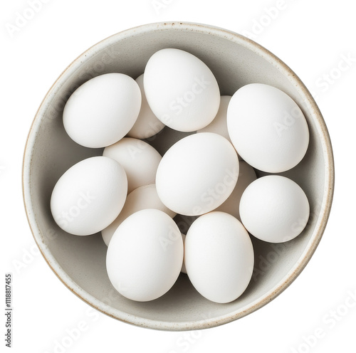 White eggs in ceramic bowl, top view. cooking and food ingredient concept