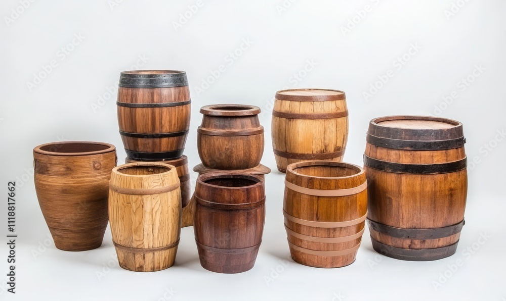Rustic wooden barrels on a simple background for various uses Rustic wooden barrels on a simple background for various uses