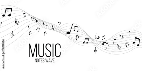 Wave of flowing music notes with treble clef, seamless melody design for musical backgrounds, banners, or creative projects. Perfect for illustrating harmony, rhythm, and artistic sound concepts.