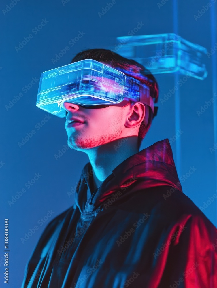 technology, augmented reality, big data and people concept - happy young man with virtual headset or 3d glasses and screens projection technology, augmented reality, big data and people concept - happy young man with virtual headset or 3d glasses and screens projection
