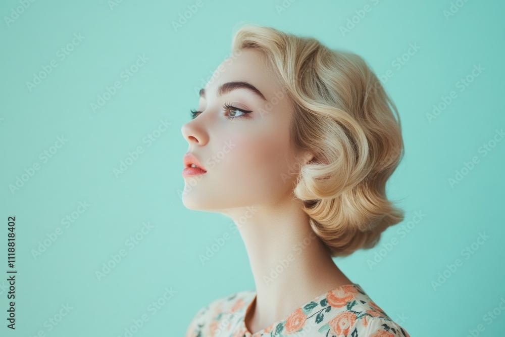 Naklejka premium Elegant Profile Portrait of a Young Woman with Vintage Hairstyle Against a Soft Turquoise Background