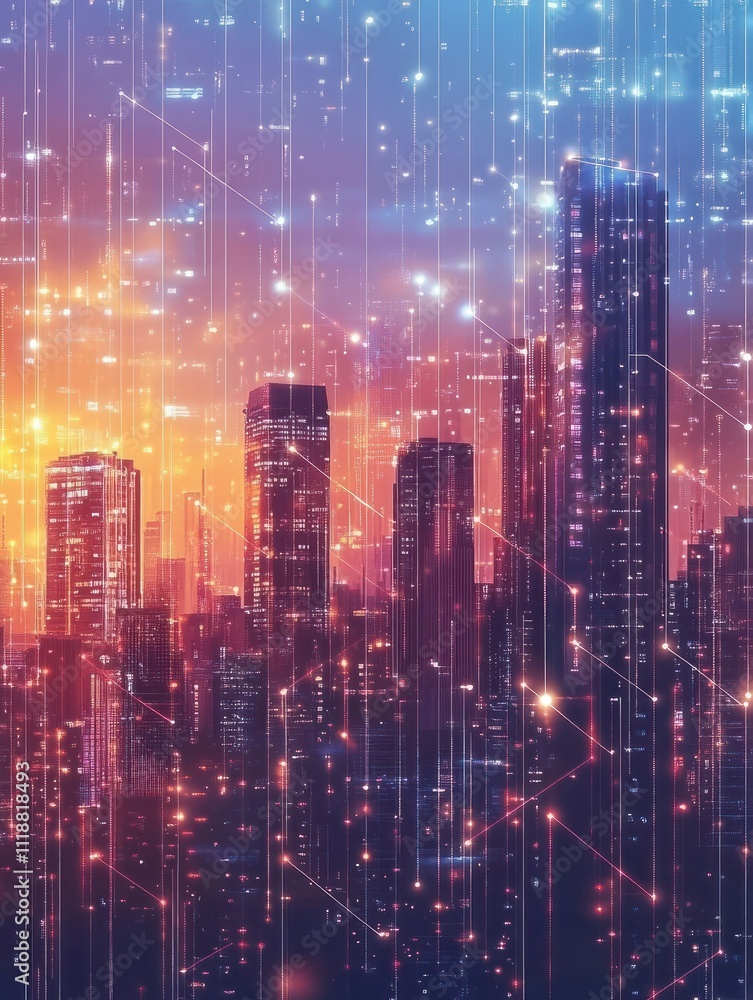 Technology city background. Building shapes, smart digital tech cityscape. Flow lines points network connect, futuristic recent vector banner Technology city background. Building shapes, smart digital tech cityscape. Flow lines points network connect, futuristic recent vector banner
