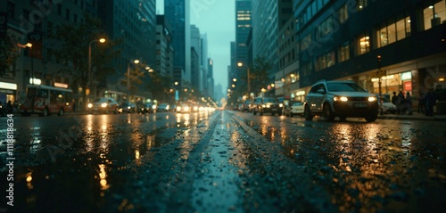 Rain-soaked urban street view at dusk with glistening reflections and blurred car lights, capturing a bustling yet serene city moment.