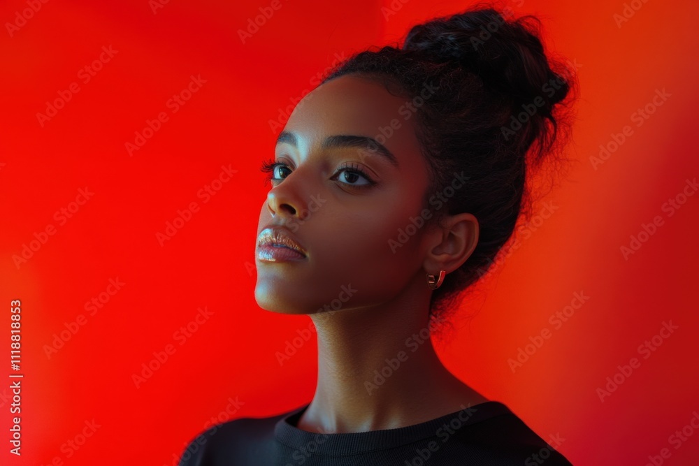 Elegant Portrait of a Young Woman Against a Vibrant Red Background Elegant Portrait of a Young Woman Against a Vibrant Red Background