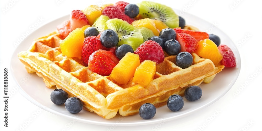 Warm, creamy waffles topped with fresh blueberries and raspberries. Warm, creamy waffles topped with fresh blueberries and raspberries.