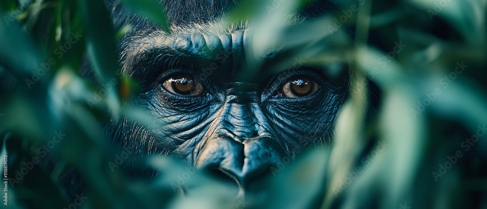 Majestic Gorilla Gazing Intensely Through Lush Jungle Foliage Majestic Gorilla Gazing Intensely Through Lush Jungle Foliage