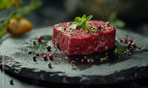 raw beef steak on a black stone plate garnished with herbs and pepper artistic food styling