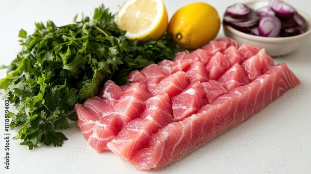Preparing fresh tuna sashimi a bright kitchen counter food photography showcase Preparing fresh tuna sashimi a bright kitchen counter food photography showcase
