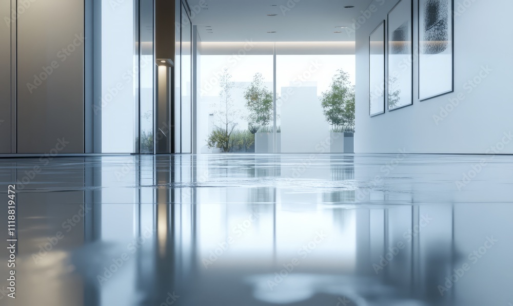 Fototapeta premium Reflections on Wet Floor in Modern Minimalistic Interior Space