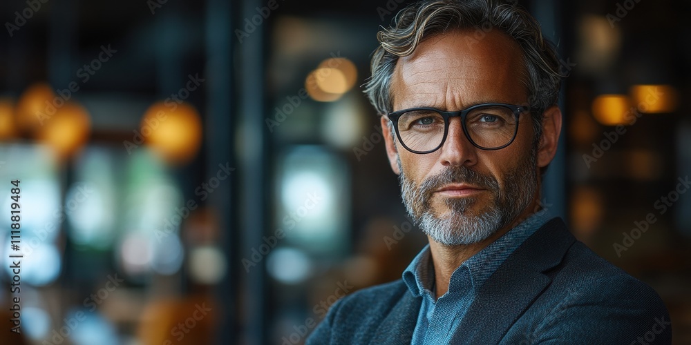 Modern portrait of a distinguished bearded man in glasses, exuding confidence and sophistication in a stylish setting with warm lighting and blurred background Modern portrait of a distinguished bearded man in glasses, exuding confidence and sophistication in a stylish setting with warm lighting and blurred background