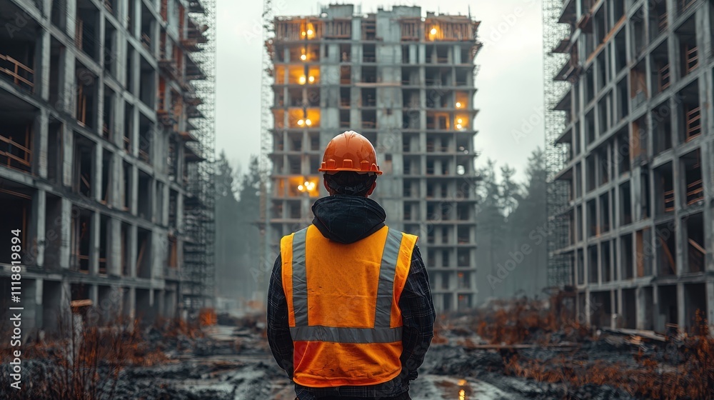 Close-up of a construction worker wearing a reflective vest and hard hat, assessing the work on a significant building project amidst natural light and textures Close-up of a construction worker wearing a reflective vest and hard hat, assessing the work on a significant building project amidst natural light and textures