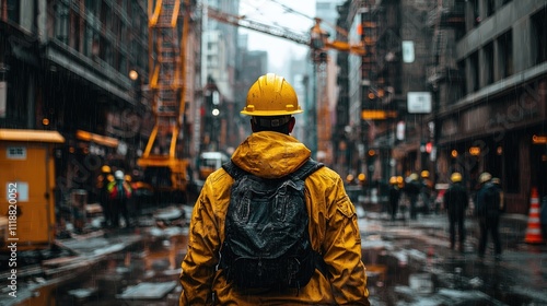 A group of dedicated workers in bright yellow hard hats collaborates on a construction site, showcasing their commitment to safety and teamwork amidst steel beams and cranes