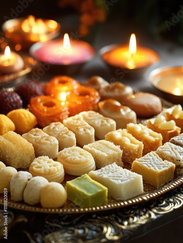 Colorful assortment of Indian pastries and sweets, including ladoo, pedas, samosas, and ras gulla. photo