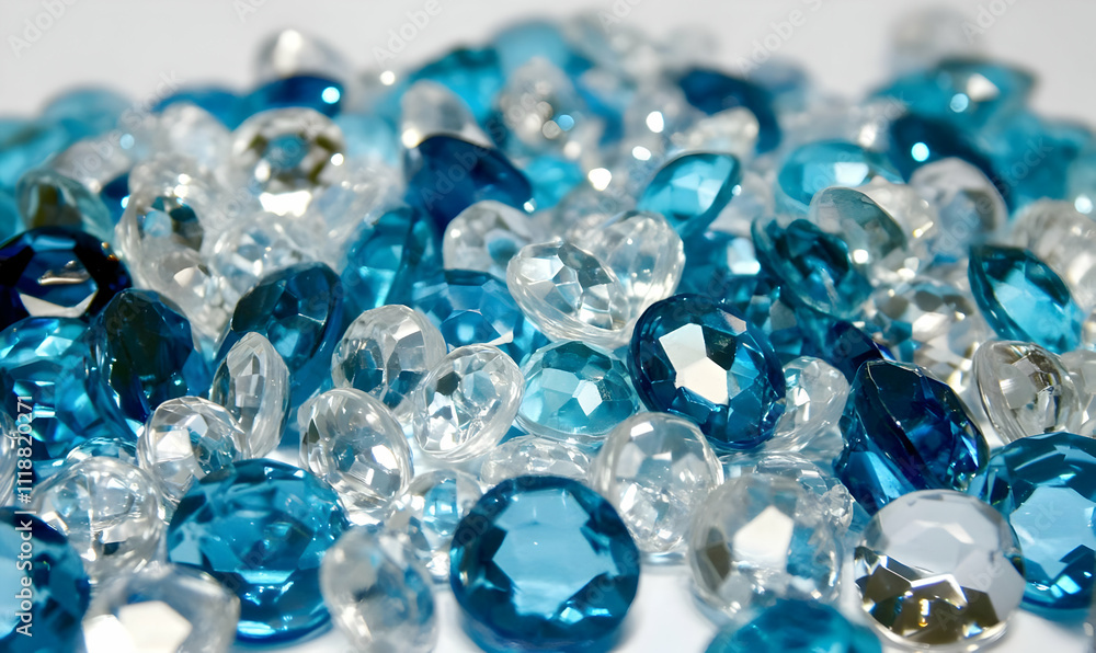 A vibrant assortment of blue and clear gemstones scattered together. A vibrant assortment of blue and clear gemstones scattered together.