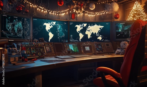 Santa's high-tech control room with holographic displays showing the world map and sleigh's route in real time,