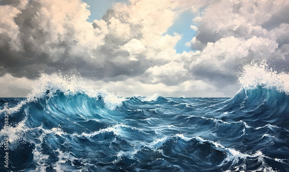 A serene seascape depicting turbulent waves under a cloudy sky. A serene seascape depicting turbulent waves under a cloudy sky.