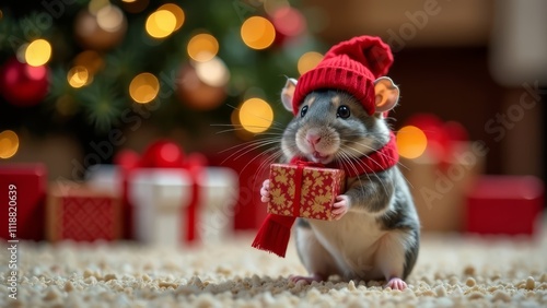 A cute djungarian hamster in a red hat and scarf holding a small gift box, sitting on a cozy surface. Blurred Christmas lights and tree ornaments in the background. Holiday charm, small pet photo