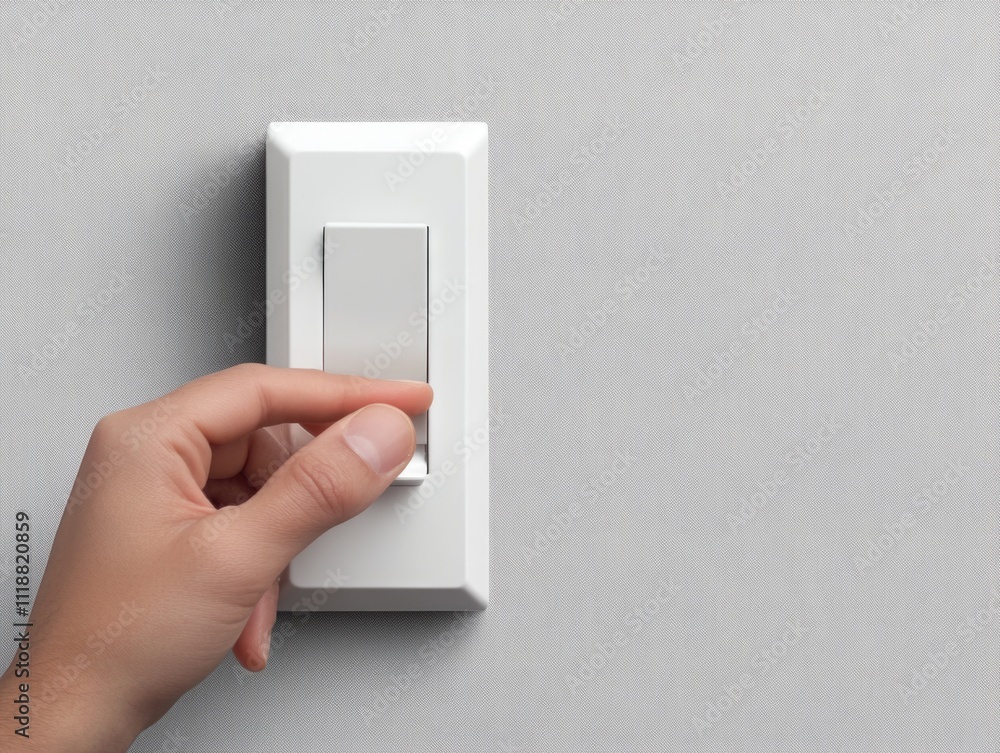 Close-up photo of hand turning on wall light switch. Modern, white design for energy efficient smart homes. Close-up photo of hand turning on wall light switch. Modern, white design for energy efficient smart homes.