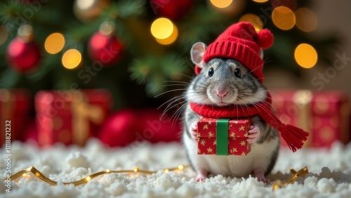 A gray Djungarian hamster in a red Santa hat and scarf holding a small gift box. Christmas tree, ornaments, and lights in the background. Festive holiday concept photo