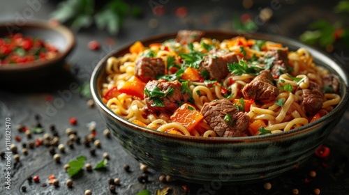 Delicious noodles with meat and vegetables in bowl on table, closeup