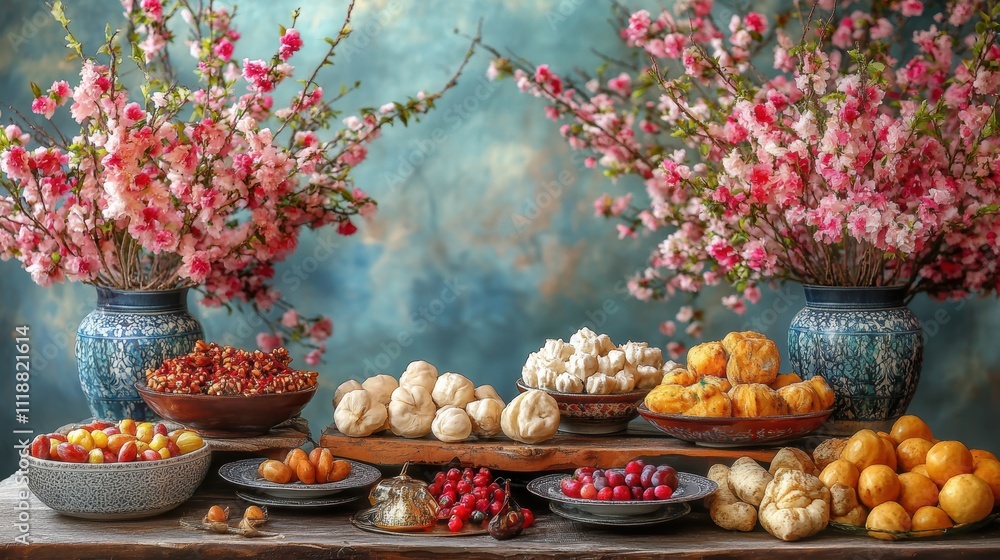A vibrant and colorful display of various traditional foods arranged elegantly with blooming pink floral decorations in ornate vases. A vibrant and colorful display of various traditional foods arranged elegantly with blooming pink floral decorations in ornate vases.