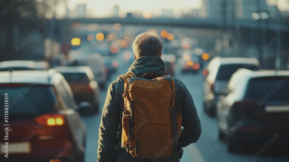 A person with a backpack strolls down a bustling street as evening sets in, illuminated by the glow of traffic and city lights. Urban life is in motion around them A person with a backpack strolls down a bustling street as evening sets in, illuminated by the glow of traffic and city lights. Urban life is in motion around them