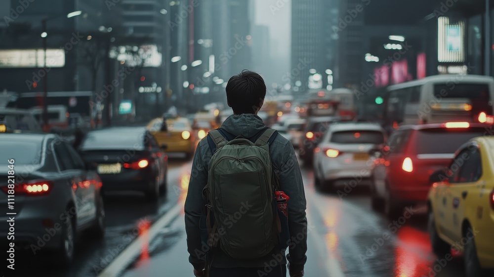 A person wearing a backpack stands alone while observing traffic during a rainy evening. Cars and taxis fill the wet street, reflecting city lights in puddles A person wearing a backpack stands alone while observing traffic during a rainy evening. Cars and taxis fill the wet street, reflecting city lights in puddles