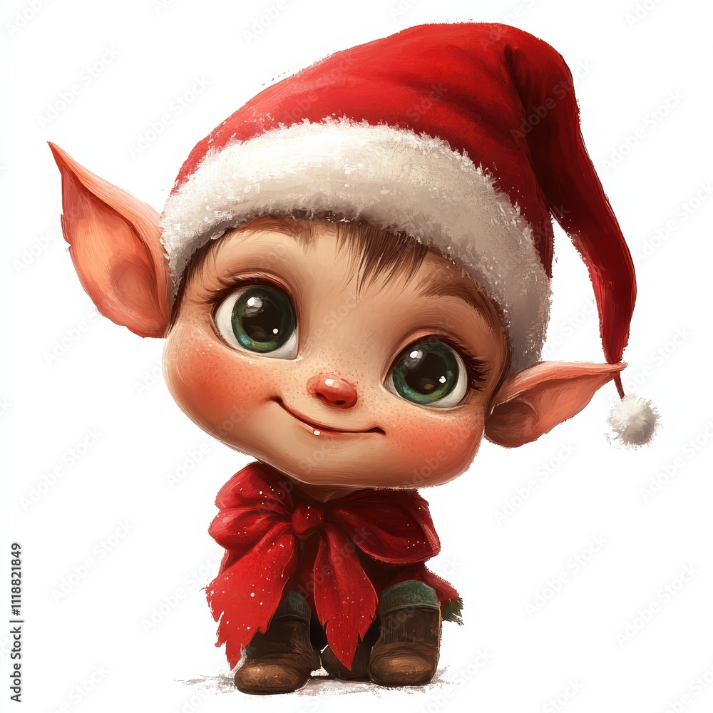 A small elf character with large expressive eyes and a rosy smile wears a red Christmas hat and a bow. This cheerful figure embodies the spirit of holiday joy and whimsy A small elf character with large expressive eyes and a rosy smile wears a red Christmas hat and a bow. This cheerful figure embodies the spirit of holiday joy and whimsy