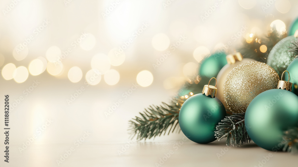 Festive bright background with sparkly Christmas ornaments and space for text or design Festive bright background with sparkly Christmas ornaments and space for text or design