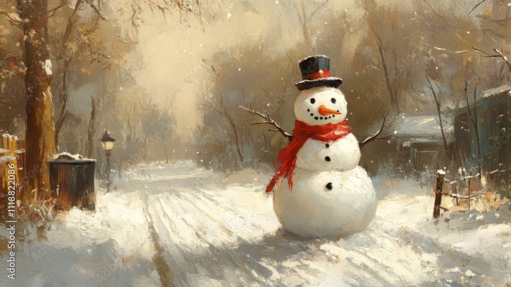 Obraz premium A Snowman in a Snowy Winter Landscape with a Street