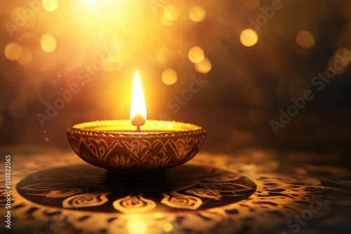 Hindu ritual with diyas and flower petals, symbol of spirituality and devotion. photo