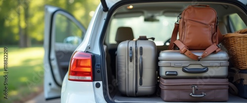 The image captures the open trunk of a car, filled with neatly packed luggage, including a stylish brown backpack and various suitcases, set against a backdrop of lush greenery. This scene evokes a photo