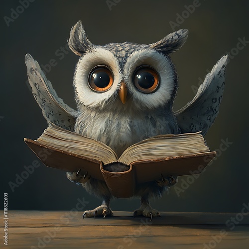 Wise owl with big round eyes holding open book image photo