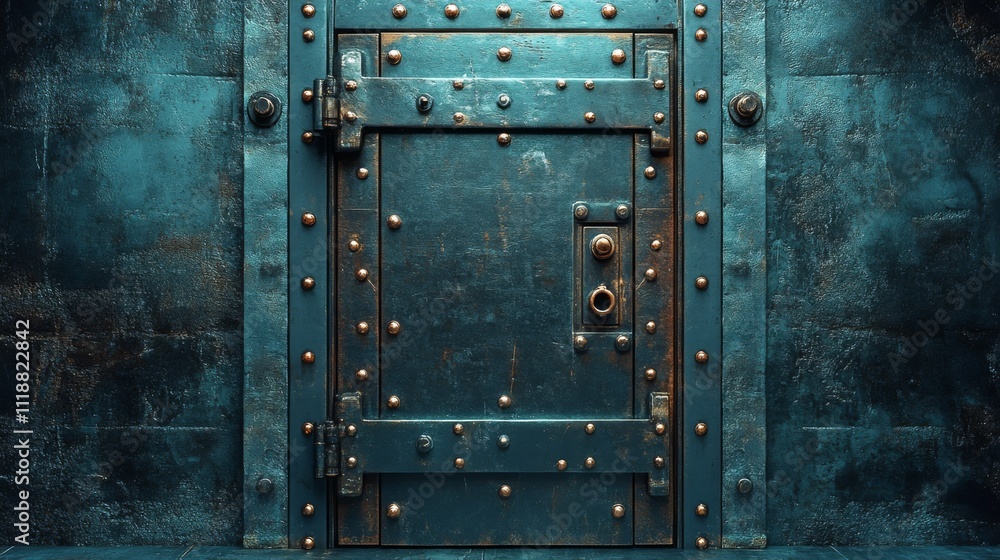 A sturdy metal door with rivets and multiple locks stands against a textured dark wall in an industrial space. The dim lighting emphasizes the door's detailed craftsmanship. A sturdy metal door with rivets and multiple locks stands against a textured dark wall in an industrial space. The dim lighting emphasizes the door's detailed craftsmanship.