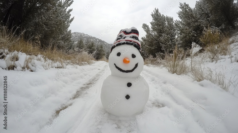 Snowman with Striped Hat in Snowy Landscape Snowman with Striped Hat in Snowy Landscape