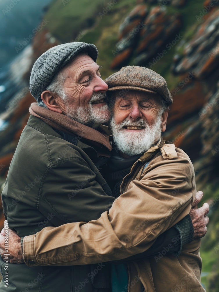 Two older men hugging and smiling on a mountainous cliff, expressing love and camaraderie. Two older men hugging and smiling on a mountainous cliff, expressing love and camaraderie.