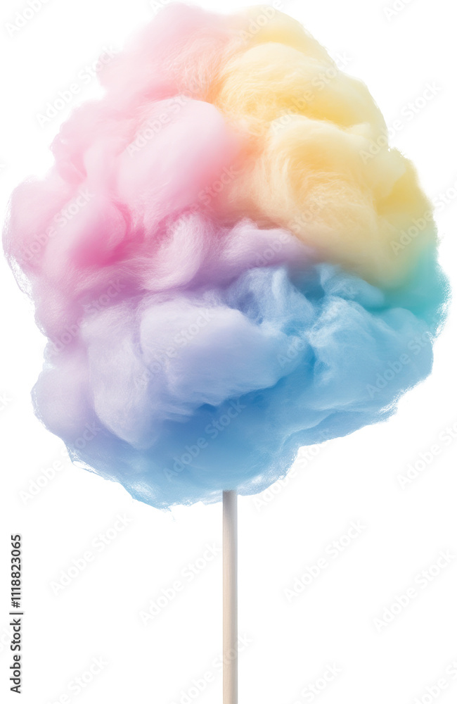 Rainbow colored cotton candy on a stick, isolated on transparent background. Sweetness and childhood nostalgia concept Rainbow colored cotton candy on a stick, isolated on transparent background. Sweetness and childhood nostalgia concept