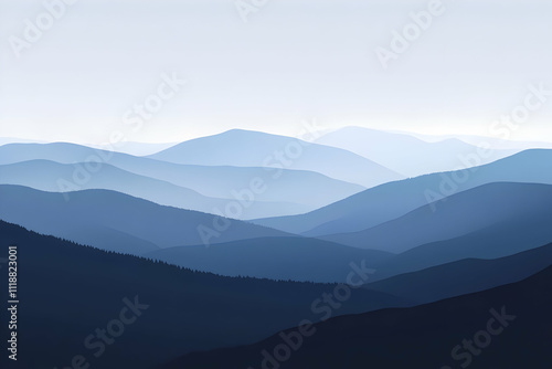 Serene mountain landscape with layered blue tones and soft gradients. photo