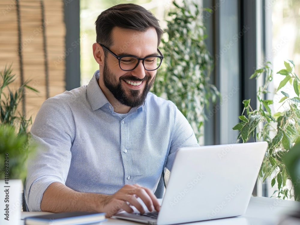 Fototapeta premium Man smiling while using a laptop in an office environment