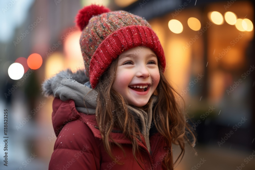 Portrait of a smiling little girl in a red hat and coat on the street in winter. Portrait of a smiling little girl in a red hat and coat on the street in winter.