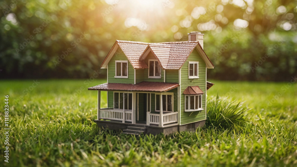 Copy space of home and life concept. Small model home on green grass with sunlight abstract background Copy space of home and life concept. Small model home on green grass with sunlight abstract background