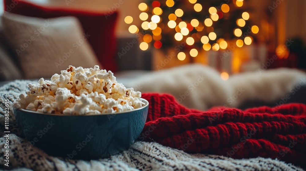 A cozy living room set up for a Christmas movie night A cozy living room set up for a Christmas movie night