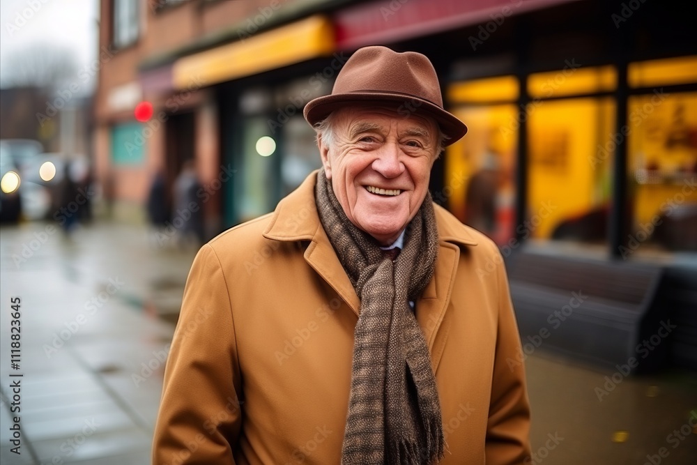 Portrait of happy senior man in hat and coat walking on city street Portrait of happy senior man in hat and coat walking on city street