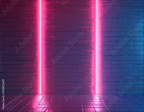 Lamps on brick wall  tiles in club style vaporwave gradient background: Retrowave, synthwave, rave, vapor party background photo