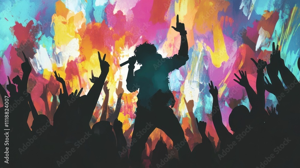 Vibrant Concert: Silhouette of a Singer Performing on Stage with Energetic Crowd Vibrant Concert: Silhouette of a Singer Performing on Stage with Energetic Crowd