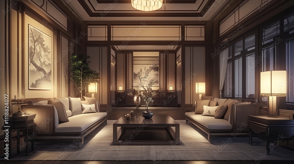 Fototapeta premium luxurious modern Chinese style lounge area with soft neutral tones, warm wood accents, Chinese inspired sculptures