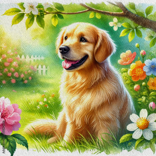 Watercolor illustration of a cheerful golden retriever sitting in a lush garden. Surrounded by vibrant flowers and sunlight filtering through trees, it captures the dog's playful and friendly nature