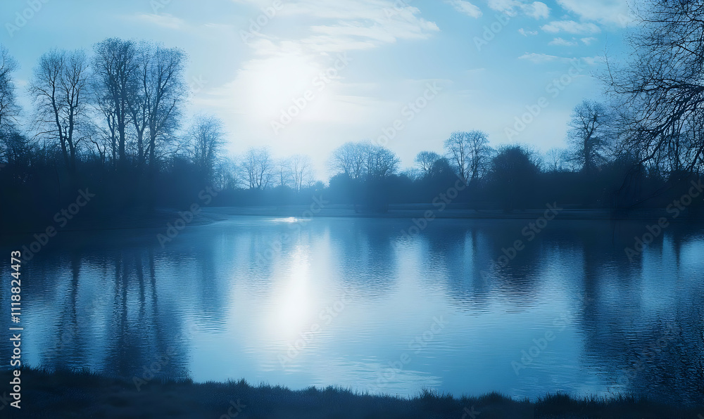 Serene twilight scene over a calm lake with silhouetted trees and soft reflections. Serene twilight scene over a calm lake with silhouetted trees and soft reflections.