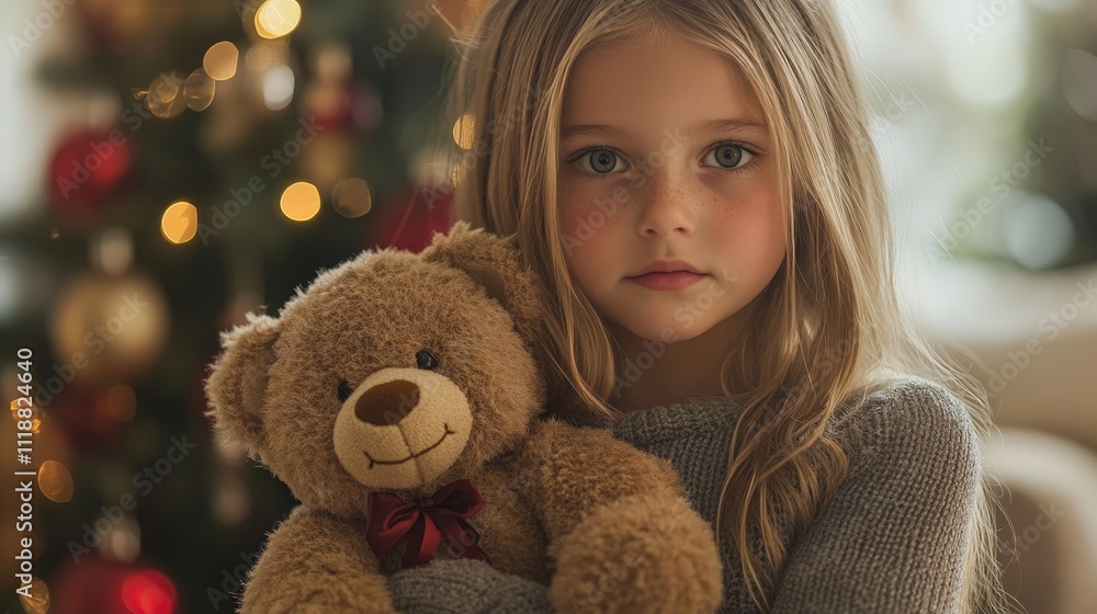 Little Girl Hugging Teddy Bear by Christmas Tree Little Girl Hugging Teddy Bear by Christmas Tree