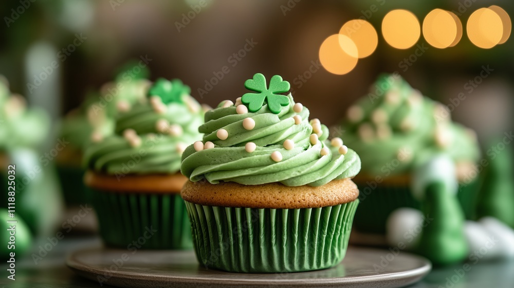 St. Patrick's Day cupcakes topped with green frosting and mini edible shamrocks St. Patrick's Day cupcakes topped with green frosting and mini edible shamrocks